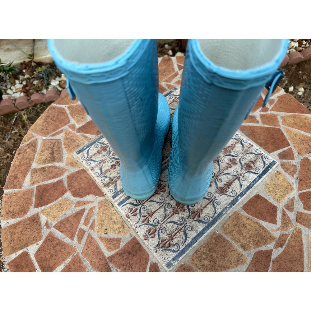 Light Blue Woven Texture Rubber Rain Boots Women Size 7 Waterproof Tall Buckle